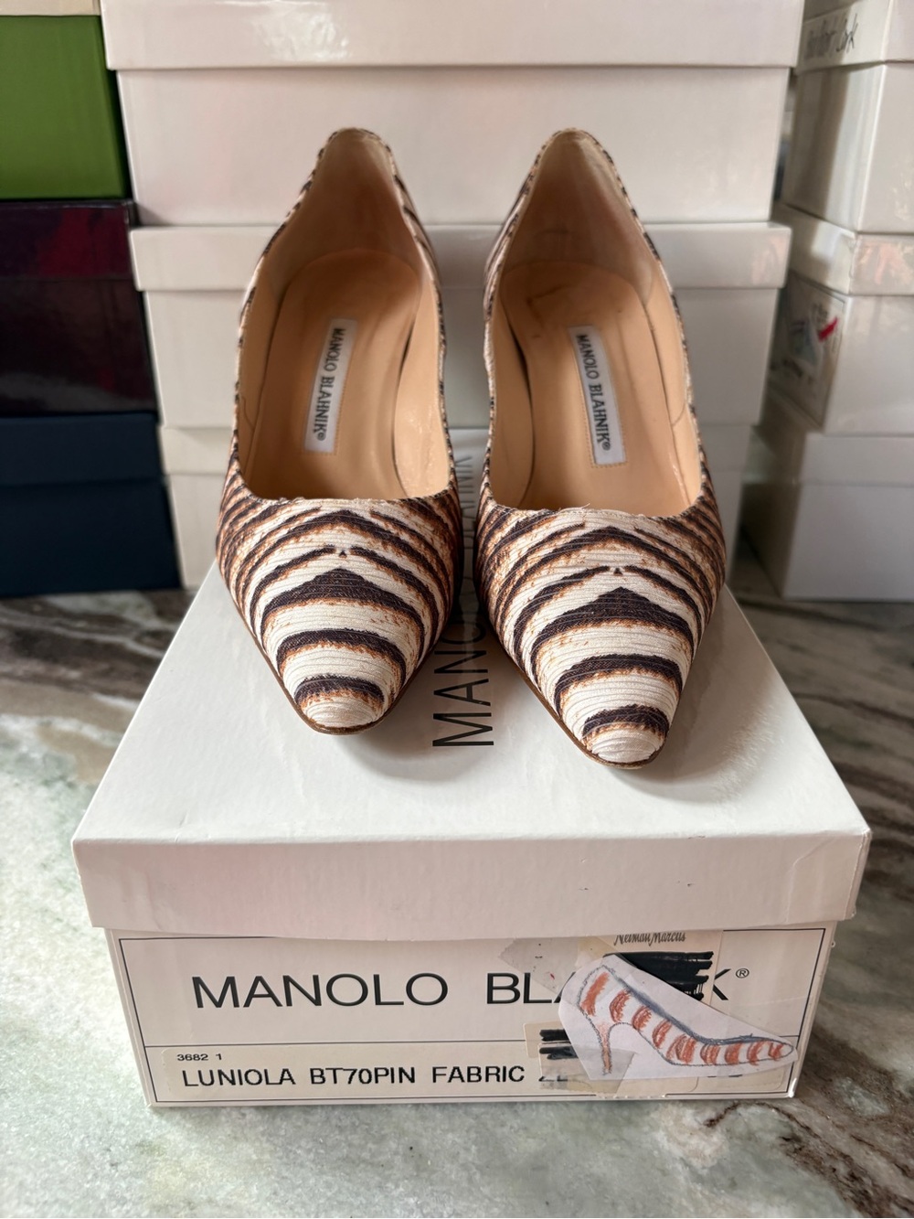 Manolo Blahnik Brown & White Zebra-Striped Pointed-Toe Pumps